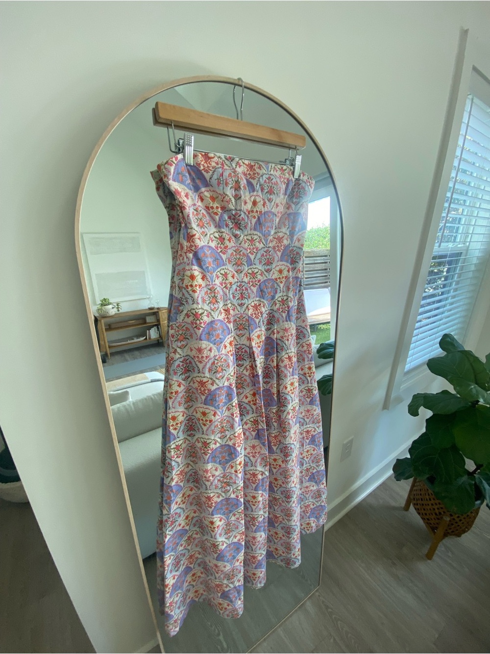 7 For All Mankind Strapless Floral Midi Dress in Lavender and Pink